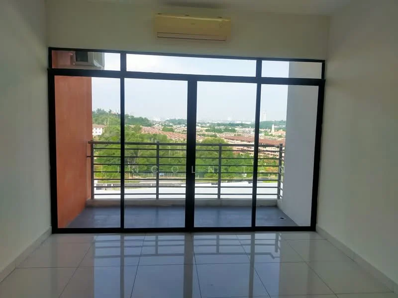 Room features: floor-to-ceiling windows, sliding glass door, white painted walls, glossy tile flooring, air conditioning unit, balcony view, natural light, open layout; style: modern; view: city.
