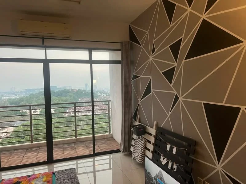 Living features: geometric accent wall in grey and white, floor-to-ceiling windows, sliding glass door, city view, white tiled flooring, air conditioning unit, wall-mounted TV, wooden balcony railing, decorative area rug, black TV console, curtains, open layout; style: modern; view: city.