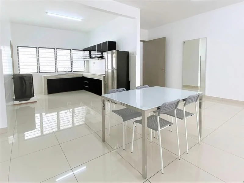 Kitchen features: white painted walls, glossy tile flooring, black cabinetry, stainless-steel fridge, built-in oven, 4-burner gas hob, single-bowl stainless-steel sink, chrome pull-down faucet, white countertop, window with horizontal slats, dining table with 4 chairs, mirror on wall; style: modern.