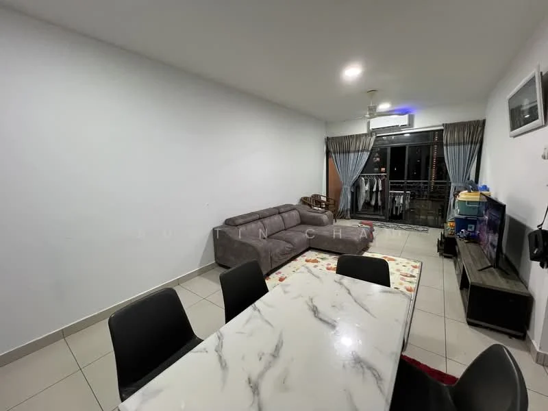 Living features: grey leather sofa, marble dining table, black dining chairs, wall-mounted TV, TV console, floor-to-ceiling windows, curtains, air conditioning unit, tile flooring, white painted walls, decorative rug; style: modern.