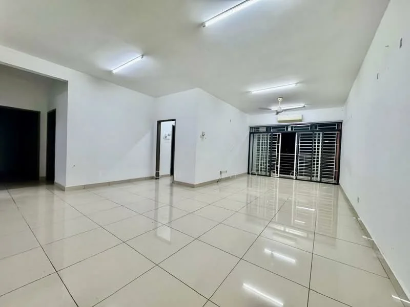 Room features: white painted walls, glossy ceramic tile flooring, recessed LED downlights, sliding glass door, metal grilles on sliding door, ceiling fan, open layout, neutral color scheme; style: modern.