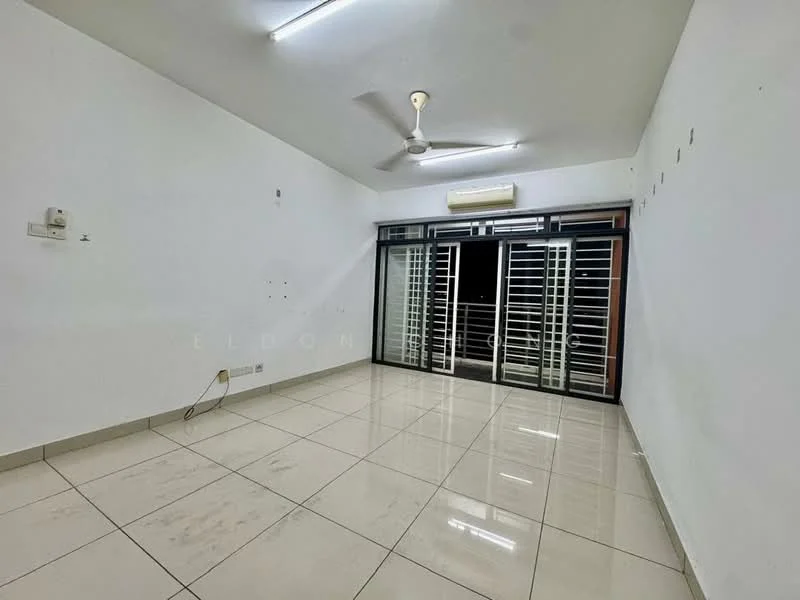 Room features: white painted walls, glossy tile flooring, 5-blade ceiling fan, sliding glass door, window with security grille, air conditioning unit, LED ceiling lights; style: modern.