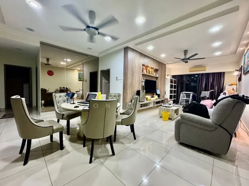 Living features: round dining table, 6 upholstered dining chairs, 3-seater fabric sofa in grey, coffee table, TV console, wall-mounted TV, ceiling fan, recessed LED downlights, white painted walls, glossy tile flooring, large windows with curtains, decorative wall panel, open layout to kitchen, area rug; style: modern. Kitchen features: open-plan layout, kitchen island, built-in cabinets, stainless-steel appliances, countertop, recessed lighting; style: modern.