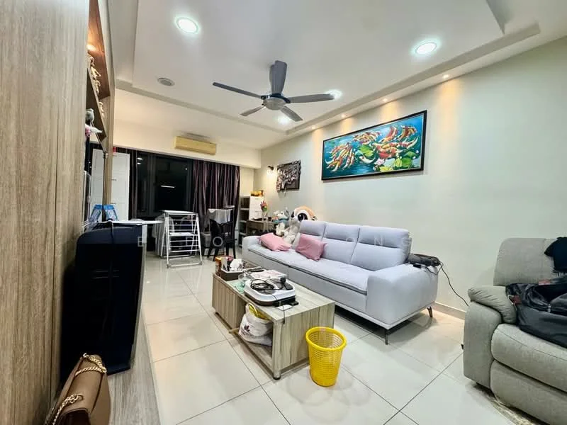 Living features: 3-seater fabric sofa in light grey, coffee table with storage, wall-mounted artwork, ceiling fan with light, recessed downlights, tile flooring, TV console, floor-to-ceiling windows with curtains, decorative plants, open shelving unit, area rug, dining table with chairs visible in background; style: modern.