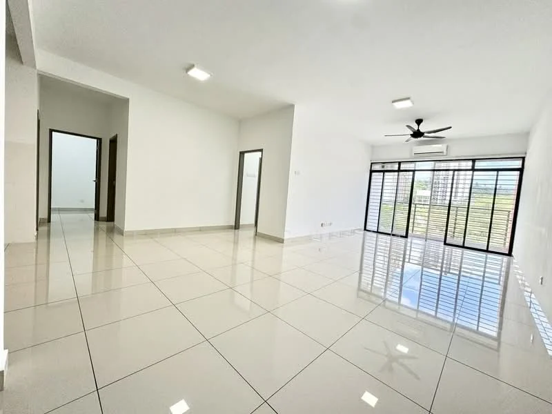 Living features: large floor-to-ceiling windows, sliding glass door, white painted walls, polished ceramic tile flooring, 5-blade ceiling fan, recessed LED downlights, air conditioning unit, open layout, natural light, view of greenery; style: modern; view: garden. Room features: white painted walls, polished ceramic tile flooring, doorway leading to another room.
