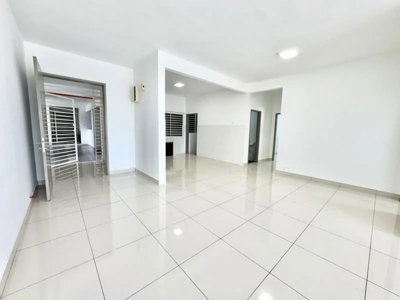 Room features: white painted walls, glossy ceramic tile flooring, recessed downlights, open layout, doorway leading to another room, large windows, neutral color scheme, no visible furniture; style: modern.