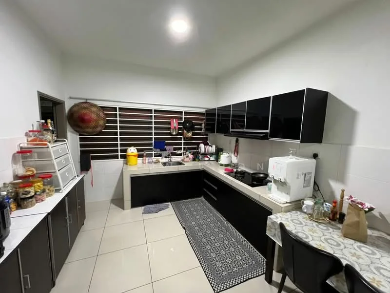 Kitchen features: black cabinetry with upper and lower storage, white countertop, stainless-steel sink, chrome faucet, built-in stove, microwave, refrigerator, ceramic tile flooring, window with horizontal slats, decorative wall hanging, area rug, dining table with chairs, open shelving, various kitchen appliances; style: modern.