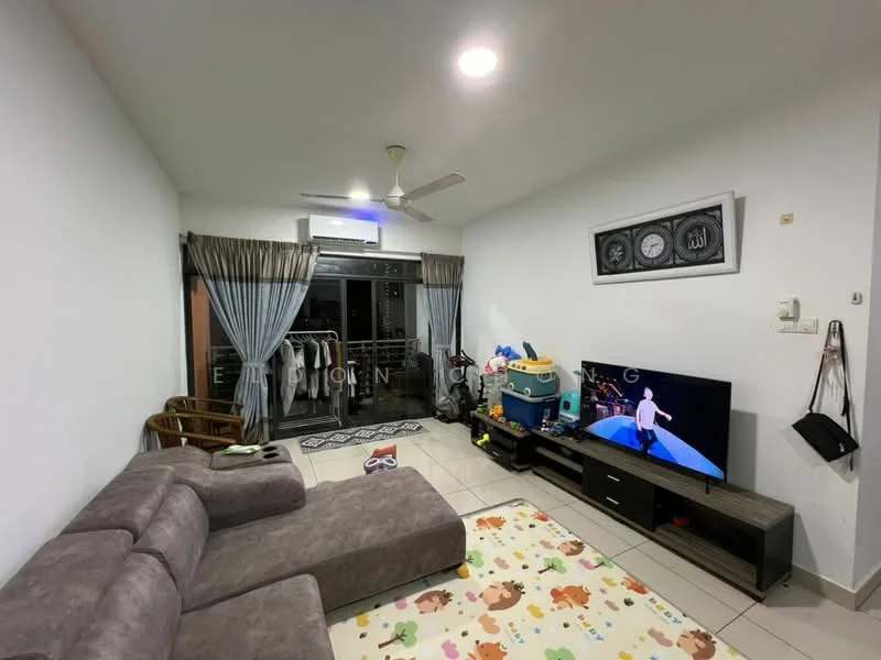 Living features: grey fabric sectional sofa, coffee table, wall-mounted TV, TV console, area rug with animal pattern, floor-to-ceiling windows, sheer curtains, ceiling fan with light, decorative wall art, tiles flooring, open layout to balcony; style: modern; view: city.