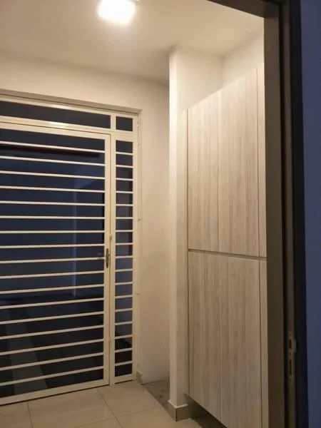 Room features: white walls, light-colored cabinetry, sliding glass door with horizontal slats, tile flooring, ceiling light fixture; style: modern.