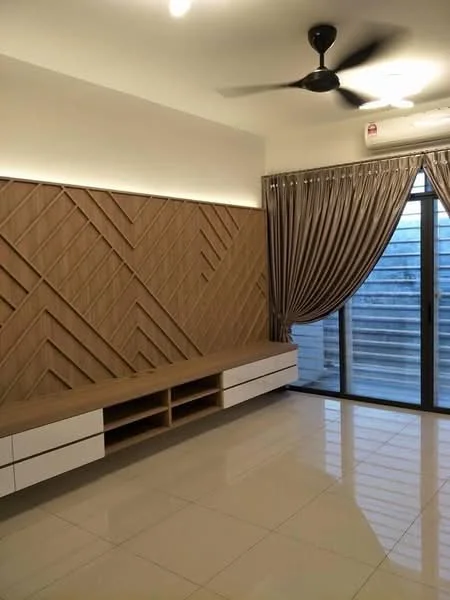 Living features: cream painted walls, wood feature wall with geometric pattern, glossy tile flooring, 5-blade ceiling fan, floor-to-ceiling sliding glass door, sheer curtains, built-in TV console with storage, recessed lighting; style: modern; view: city.