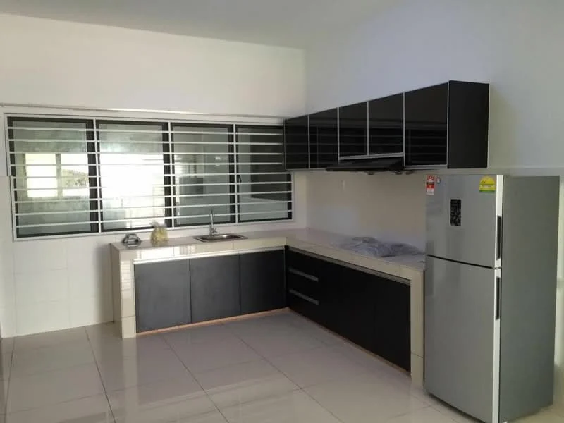 Kitchen features: black cabinetry, white countertop, stainless-steel sink, chrome pull-down faucet, built-in oven, freestanding fridge, ceramic tile flooring, sliding glass windows with horizontal grills, wall-mounted range hood, open shelving, under-cabinet lighting; style: modern.