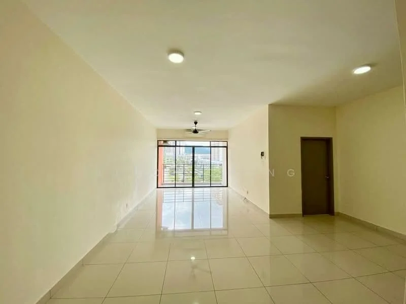 Living features: white painted walls, glossy ceramic tile flooring, ceiling fan, large floor-to-ceiling windows, natural light, neutral color scheme, sliding glass door, view of greenery; style: modern; view: garden.