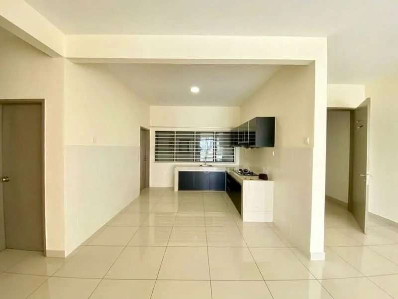 Room features: white painted walls, glossy ceramic tile flooring, recessed downlights, large window with horizontal grilles, built-in cabinetry in dark color, countertop in white, open layout, neutral color scheme, doorway leading to another room; style: modern.
