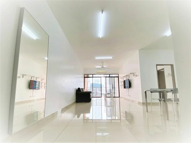 Living features: white painted walls, glossy ceramic tile flooring, recessed LED downlights, 5-blade ceiling fan, large window with city view, black leather sofa, wall-mounted TV, glass dining table, metal dining chairs, mirror on wall; style: modern; view: city.