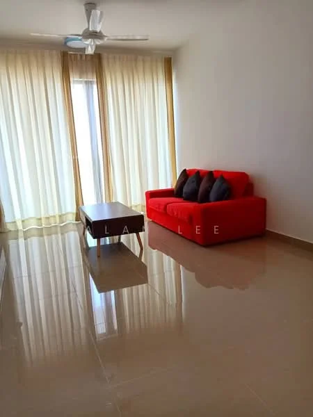 Living features: red fabric sofa, coffee table, floor-to-ceiling windows, sheer curtains, light brown curtains, glossy tile flooring, ceiling fan, decorative cushions; style: modern.