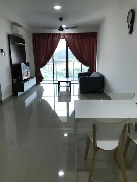 Living features: grey fabric sofa, white dining table, white dining chairs, wall-mounted TV, TV console, floor-to-ceiling windows, curtains in red, ceiling fan, recessed lighting, polished tile flooring, wall-mounted air conditioning unit, decorative wall clock; style: modern; view: city.