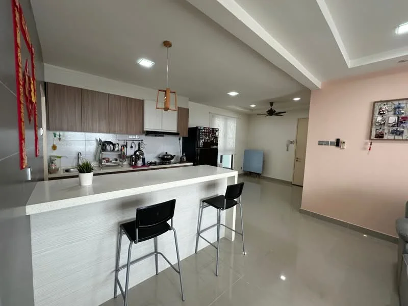Kitchen features: white quartz countertop, kitchen island with seating, stainless-steel sink, chrome pull-down faucet, built-in oven, freestanding range oven, black refrigerator, white tiled backsplash, wood cabinetry, recessed downlights, grey ceramic tile flooring, ceiling fan; style: modern.