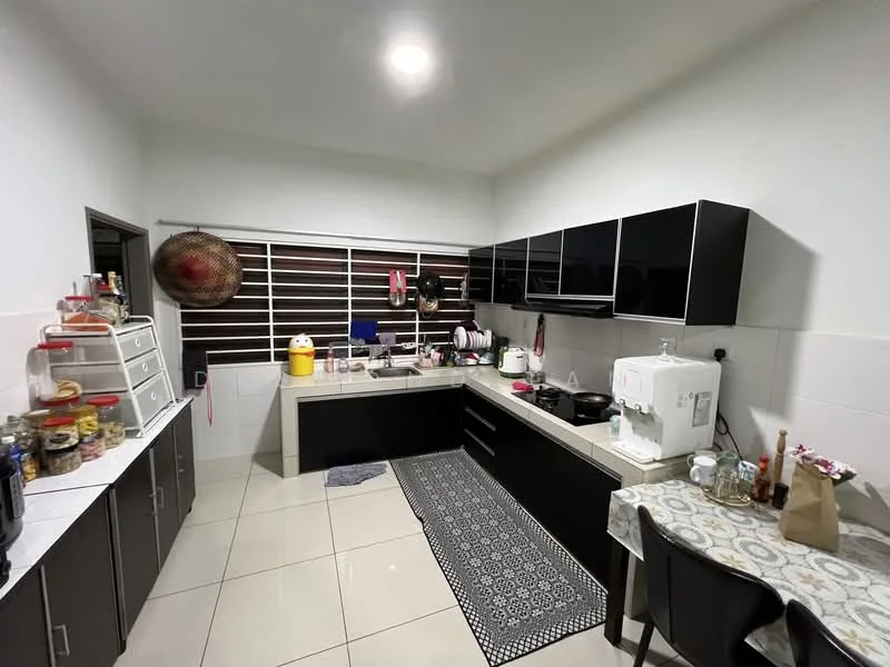 Kitchen features: black flat-panel cabinets, white countertop, stainless-steel sink, chrome pull-down faucet, built-in oven, freestanding range oven, microwave, refrigerator, ceramic tile flooring, window with horizontal slats, table with tablecloth, black dining chairs, decorative wall hanging, area rug; style: modern.
