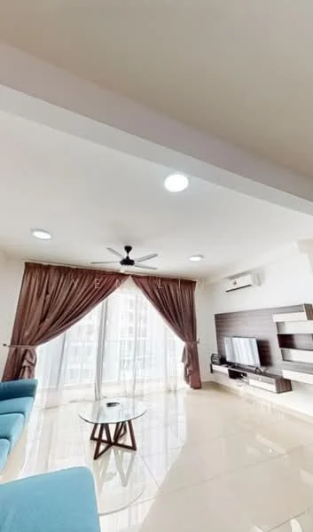 Living features: light beige painted walls, white ceiling with recessed downlights, 5-blade ceiling fan, large floor-to-ceiling windows, sheer curtains, brown curtain drapes, polished ceramic tile flooring, wall-mounted TV, floating TV console, glass coffee table, blue fabric sofa; style: modern; view: city.