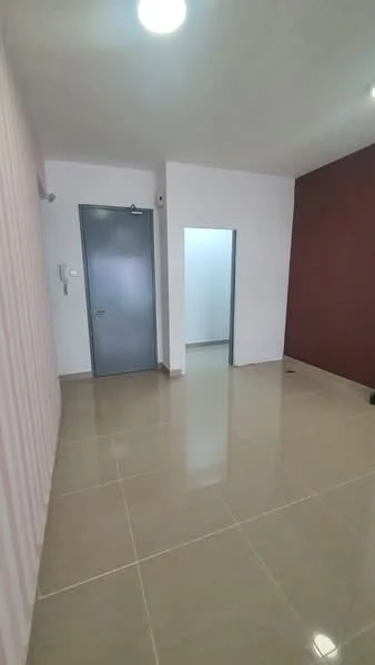 Room features: cream painted walls, red accent wall, glossy tile flooring, recessed ceiling lights, single door, door frame, wall-mounted intercom, open space layout; style: modern.