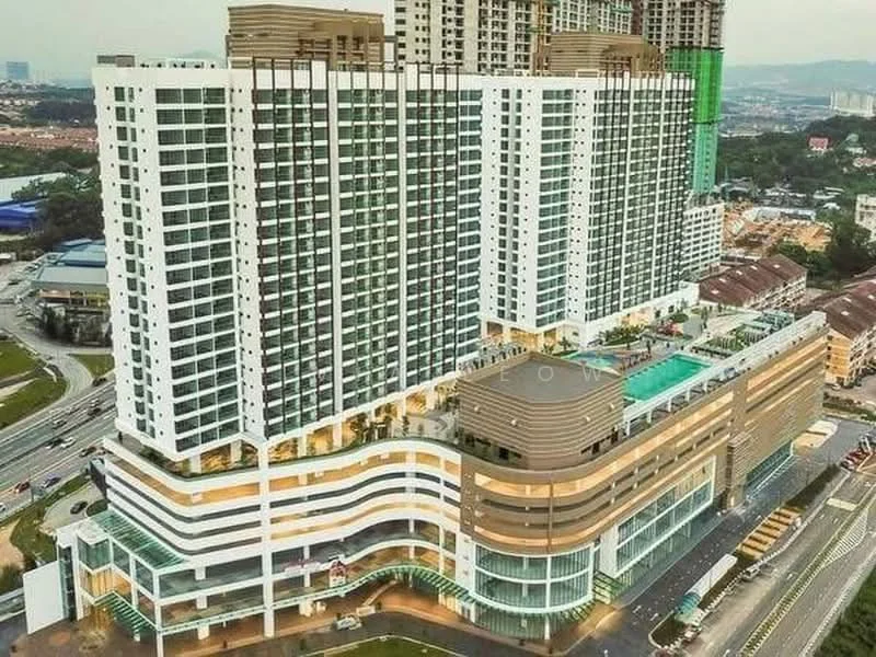 Exterior type: high-rise condominium; features: white painted facade, glass curtain wall, recessed balconies, multiple storeys, infinity pool on terrace, landscaped garden area, commercial space at ground level, surrounded by urban context, parking facilities visible, modern architectural design; style: modern.