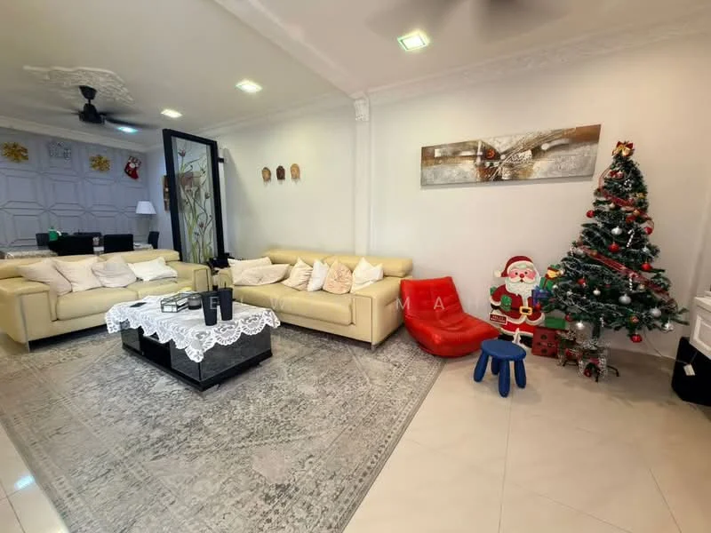 Living features: cream leather sectional sofa, 2-seater fabric sofa, glass coffee table with black base, area rug with intricate pattern, decorative wall art, Christmas tree with ornaments, red bean bag chair, blue children's stool, wall-mounted TV, ceiling fan, white painted walls, crown moulding; style: modern.
