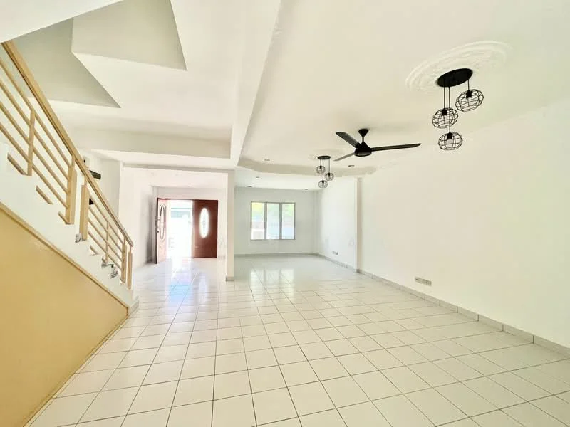 Living features: white painted walls, tile flooring, 5-blade ceiling fan with light, recessed downlights, open layout, large windows, staircase with wooden railing, decorative ceiling design; style: modern.
