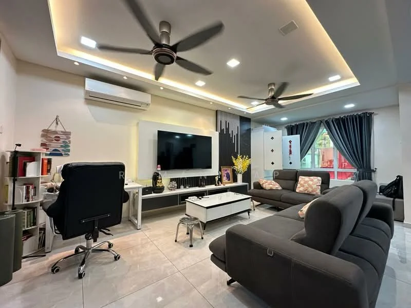 Living features: grey fabric L-shape sectional sofa, 3-seater fabric sofa in dark grey, white coffee table, black TV console, wall-mounted flat-screen TV, 2 ceiling fans, recessed LED downlights, white tiled flooring, decorative wall with vertical lines, curtains in dark blue, bookshelves, office chair, decorative vase with flowers; style: modern; view: garden.