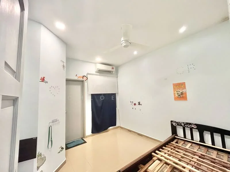 Bedroom features: white painted walls, cream tiled flooring, 5-blade ceiling fan with light, wall-mounted split AC, door leading to hallway, blue curtain, decorative wall stickers, single bed frame without mattress, area rug, light fixtures; style: modern.