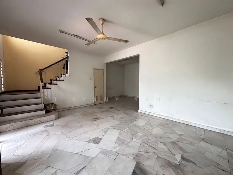 Room features: marble flooring, white painted walls, ceiling fan, staircase, open layout, large windows, natural light, no visible furniture; style: minimalist.