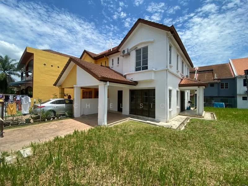 Exterior type: detached bungalow; features: white painted facade, pitched tile roof, two-storey structure, manicured lawn, paved driveway, surrounded by greenery, outdoor laundry area, car parked in driveway, windows with grills, air conditioning unit visible; style: modern.