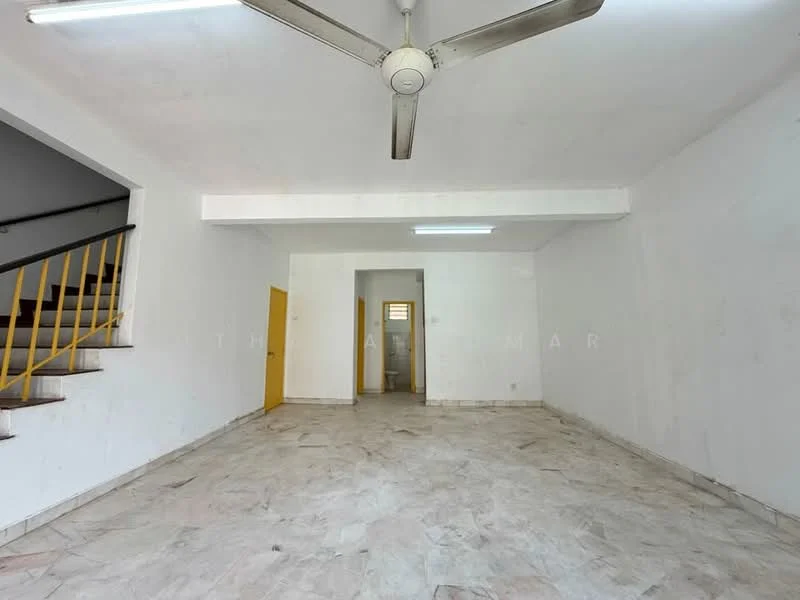 Room features: white painted walls, marble tile flooring, ceiling fan, recessed lighting, staircase with yellow railing, doorway leading to another room, large open space; style: minimalist.