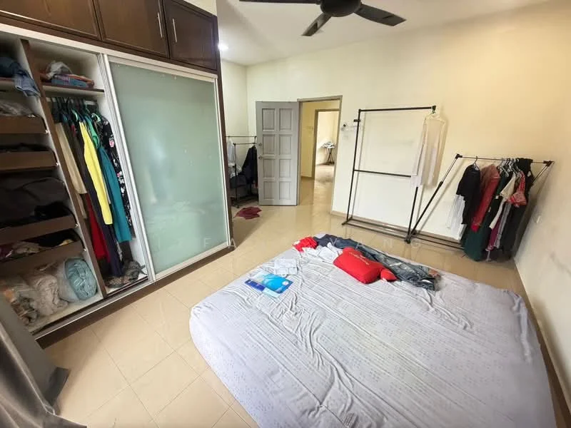 Bedroom features: queen-size bed with bedding, built-in wardrobe with sliding glass doors, open shelving for clothes, clothes rack with hangers, tile flooring, ceiling fan, neutral painted walls, natural light from door, folding door leading to another room.