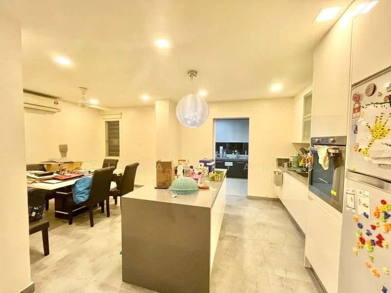 Kitchen features: island countertop with grey surface, white cabinetry, stainless-steel fridge, built-in oven, 4-burner gas hob, single-bowl stainless-steel sink, chrome pull-down faucet, pendant light, recessed downlights, grey tile flooring, air conditioning unit, open layout to dining area; style: modern.