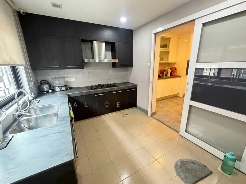 Kitchen features: dark wood cabinetry, stainless-steel range hood, 4-burner gas hob, double-bowl stainless-steel sink, grey granite countertop, tile backsplash, built-in oven, floor tiles in beige, window with sheer curtains, recessed downlights, sliding glass door, open layout to adjacent room; style: modern.
