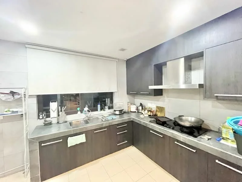 Kitchen features: L-shaped kitchen layout, dark wood cabinetry, grey granite countertop, stainless-steel sink, chrome pull-down faucet, built-in stove, exhaust hood, tile backsplash, ceramic tile flooring, window with roller blinds, open shelving, kitchen utensils and appliances visible; style: modern.