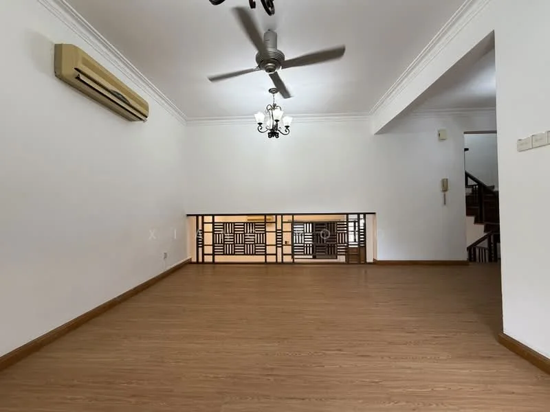 Living features: wooden flooring, white painted walls, 5-blade ceiling fan with light, chandelier, wall-mounted air conditioning unit, decorative wooden partition, staircase visible in background, natural light from upper level; style: modern.