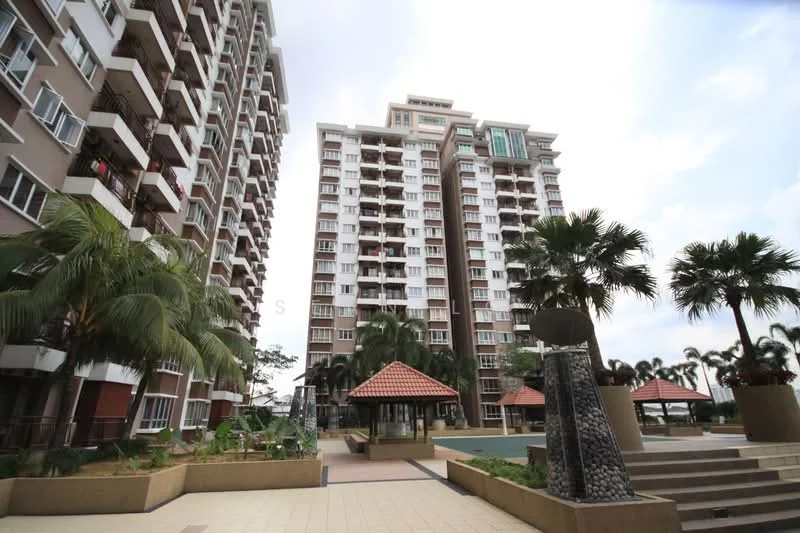 Exterior type: high-rise condominium; features: multiple-storey building, balconies on upper floors, landscaped garden area, palm trees, outdoor seating area, pool deck, paved walkway, roofed pavilion, decorative stone feature, surrounding greenery; style: modern.