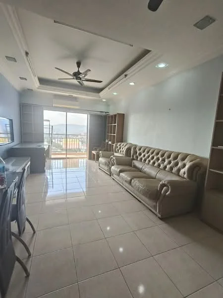 Living features: cream leather sofa, 3-seater sofa, coffee table, wall-mounted TV, built-in shelving units, ceiling fan with light, recessed lighting, large sliding glass door, tile flooring, neutral painted walls, window with city view; style: modern; view: city.