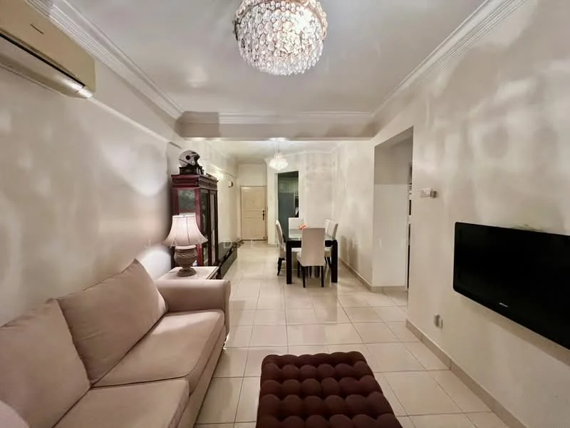 Living features: 3-seater fabric sofa in beige, chandelier with crystal accents, wall-mounted TV, cream painted walls, tile flooring, 1 wall-mounted split AC, decorative wall with light patterns, coffee table, floor lamp, dining table with 4 chairs visible in background; style: modern.