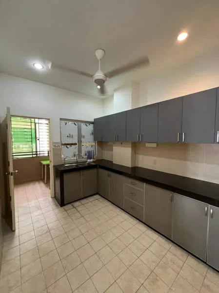 Kitchen features: grey cabinetry, black countertop, stainless-steel sink, chrome faucet, wall-mounted ceiling fan, tile flooring, light-colored walls, window with green view, kitchen island, built-in cabinets; style: modern; view: garden.