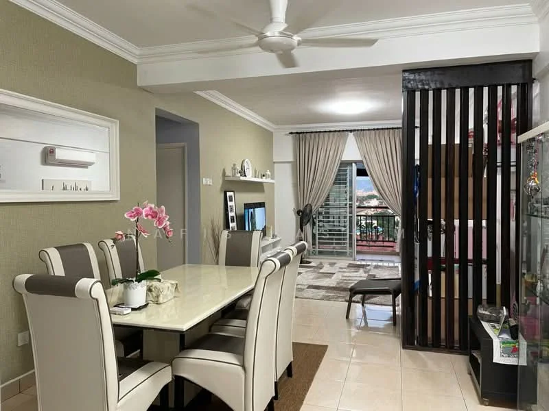 Dining features: 6-seater dining table with marble top, upholstered dining chairs in cream and brown, decorative centerpiece with flowers, wall-mounted TV, cream painted walls, recessed downlights, ceiling fan, tile flooring, open shelving unit, glass display cabinet, curtains, sliding door to balcony; style: modern; view: city. Living features: sofa, area rug, coffee table, decorative wall art, TV console, floor-to-ceiling windows, curtains, cream painted walls, tile flooring; style: modern; view: city.