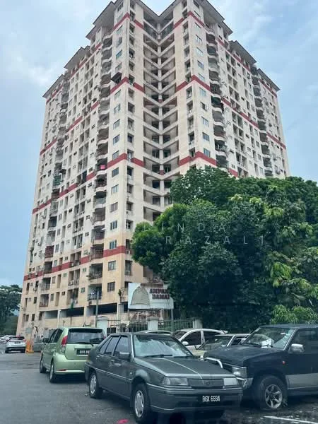 Exterior type: high-rise condominium; features: multi-storey building, red and cream painted facade, balconies on each floor, visible parking area, surrounded by greenery, urban setting; style: modern.