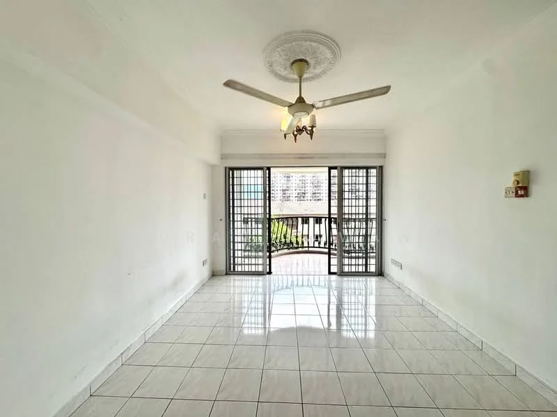 Living features: white painted walls, glossy ceramic tile flooring, 5-blade ceiling fan with light, recessed downlights, sliding glass door, floor-to-ceiling windows, balcony access, decorative ceiling rose; style: modern; view: garden.