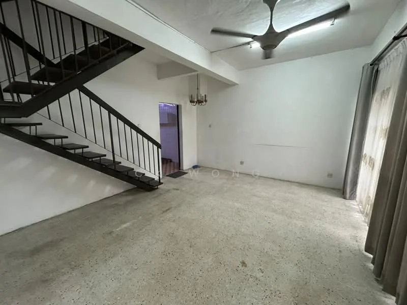 Living features: exposed concrete flooring, white painted walls, ceiling fan, chandelier, staircase with metal railing, large window with curtains, open layout, no visible furniture; style: minimalist.