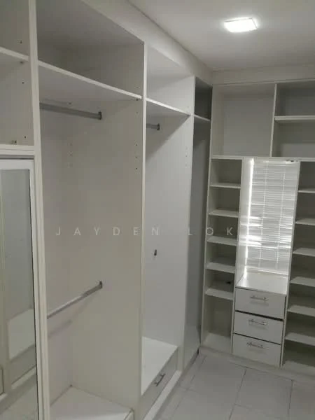 Room features: built-in wardrobe with open shelving, hanging rods, full-length mirror, drawers, white cabinetry, tile flooring, recessed ceiling lights; style: modern.