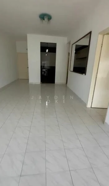 Room features: white painted walls, glossy white floor tiles, ceiling light fixture, open layout, doorway leading to kitchen, mirror on wall, neutral color scheme; style: modern.