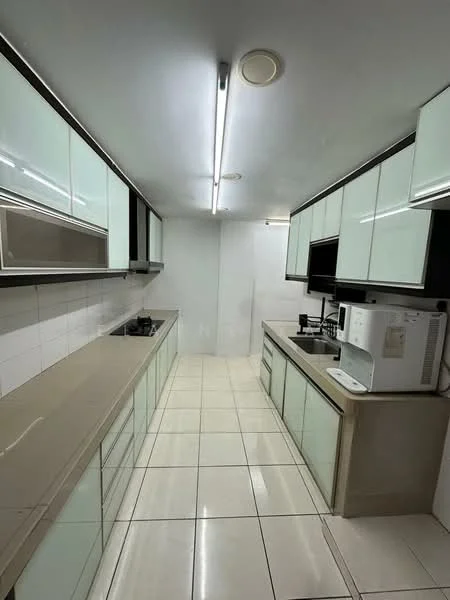 Kitchen features: white glossy cabinetry, light grey countertop, stainless-steel built-in oven, stainless-steel gas hob, microwave, double-basin stainless-steel sink, chrome pull-down faucet, white tiled backsplash, large white floor tiles, recessed ceiling lights, wall-mounted cabinets, open shelving, no visible appliances other than mentioned; style: modern.