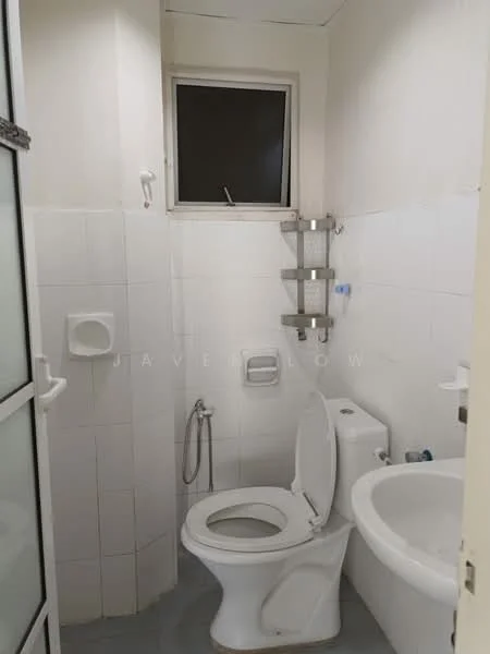 Bathroom features: white tiled walls, grey floor tiles, one-piece toilet, chrome basin mixer faucet, round sink, shower area with glass partition, handheld shower, wall-mounted storage shelves, window for natural light.