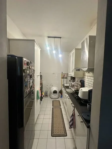 Kitchen features: white cabinetry, black countertop, stainless-steel fridge, built-in oven, microwave, dishwasher, white tiled backsplash, pendant lighting, washer-dryer combo, ceramic tile flooring, kitchen rug, open shelving, wall-mounted cabinets, sink, kitchen utensils on countertop; style: modern.